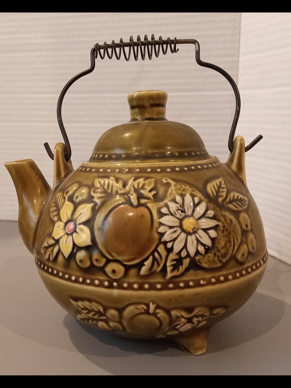 Vintage Japan Olive Green Floral Fruit Embossed Ceramic Teapot Handle 1960-1970